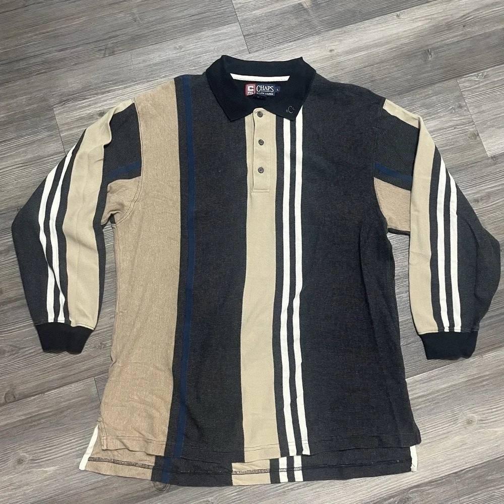 VTG 90s Chaps RALPH LAUREN Sz L Long Sleeve Striped Polo Shirt Knit Gorpcore